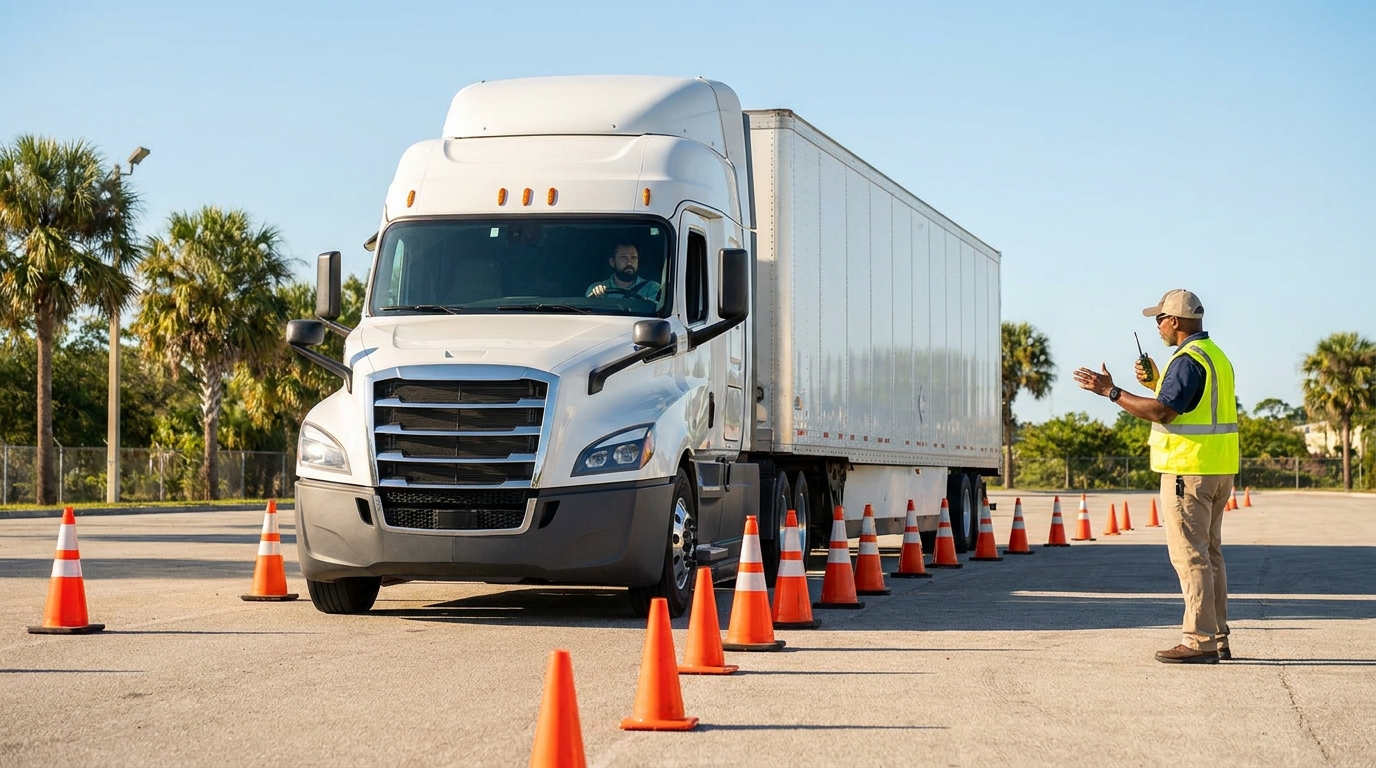 CDL student practicing a backing maneuver in the training range