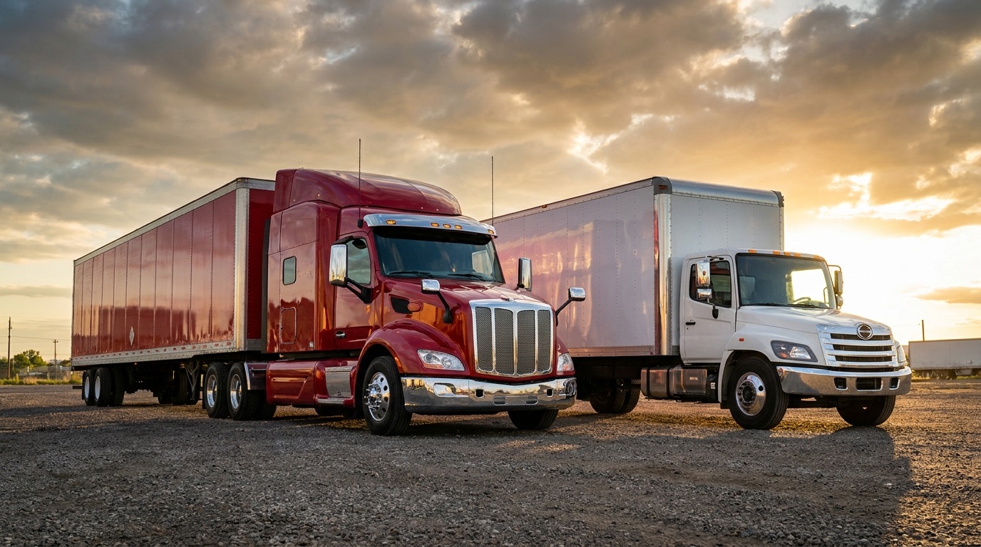 A Class A semi tractor-trailer parked beside a Class B box truck at sunset