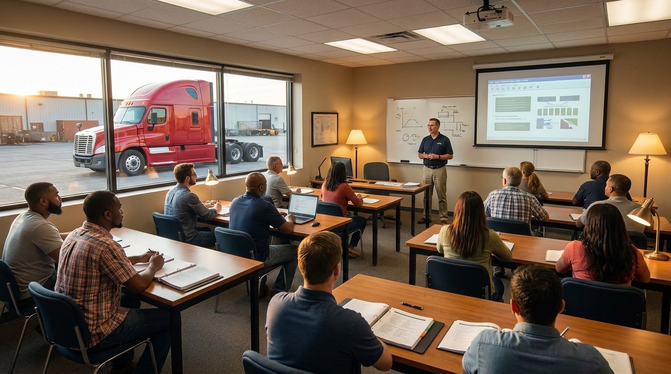 Adult CDL students in a classroom studying ELDT theory with an instructor, a semi truck visible through the window
