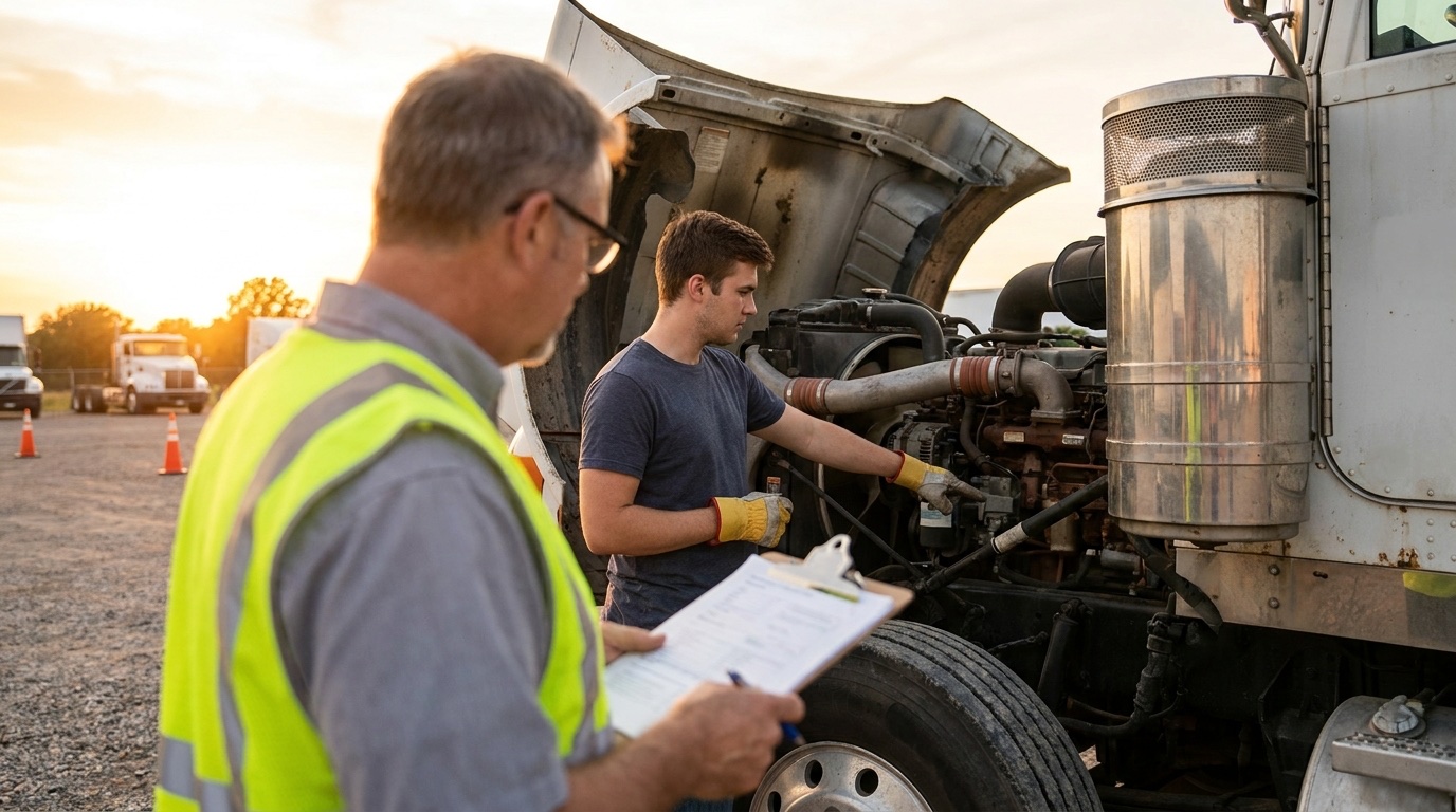 A CDL examiner with a clipboard observing a student performing a pre-trip inspection on a semi truck