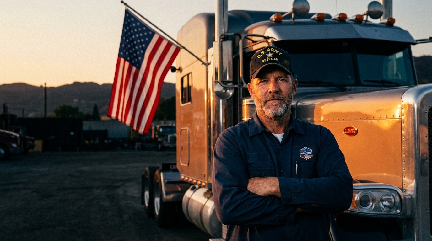 Proud U.S. military Veteran CDL instructor with arms crossed in front of a semi truck and American flag — Veteran-owned TruckMaster