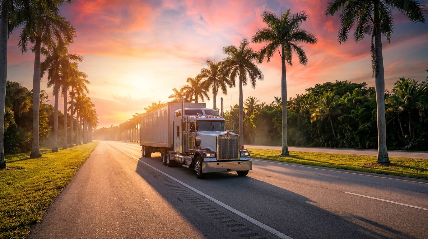 Semi truck on a palm-lined Florida highway at sunset — Florida DHSMV CDL requirements