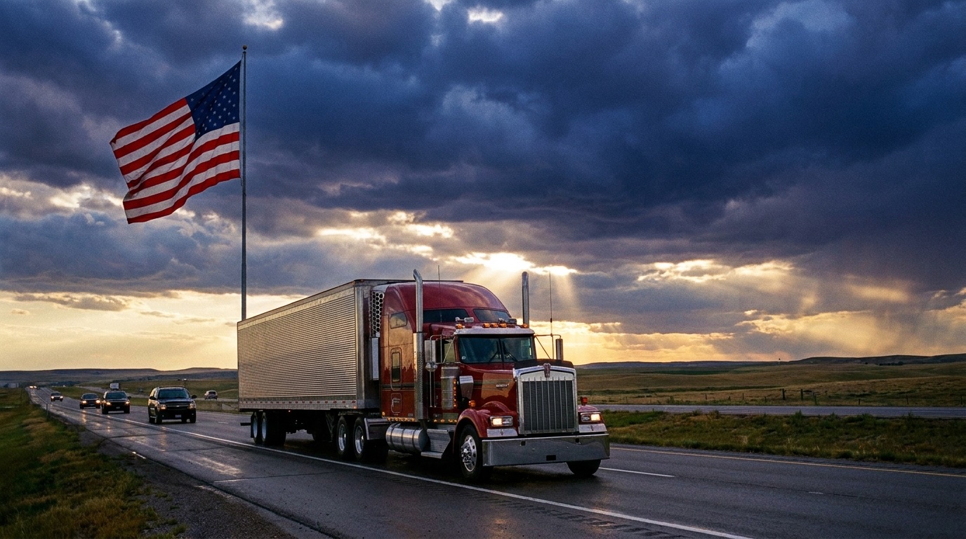 Semi truck on an American interstate highway beside a U.S. flag — FMCSA federal CDL training requirements