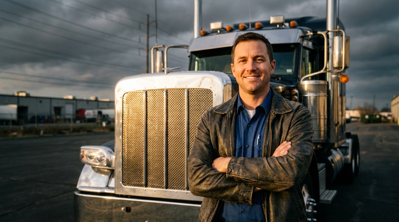 Confident professional truck driver standing in front of a chrome semi truck