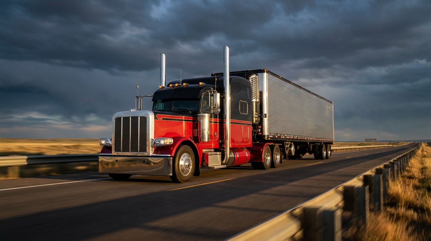 Class A semi truck with trailer driving on an open highway