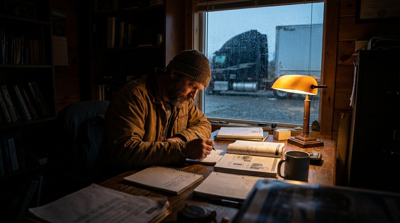 CDL student studying ELDT theory materials with a semi truck visible outside